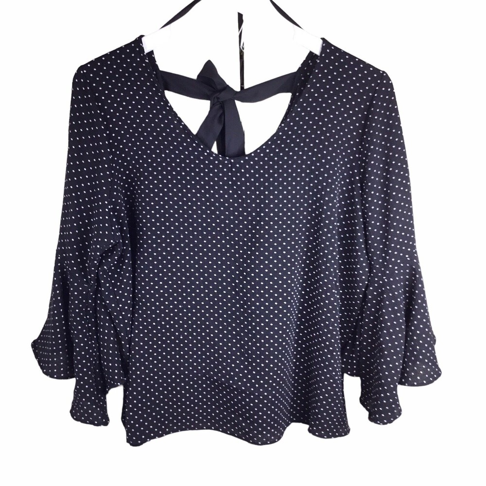 Anthropologie Green Envelope Blouse women Sz L White Black Dots Tie Back Flared